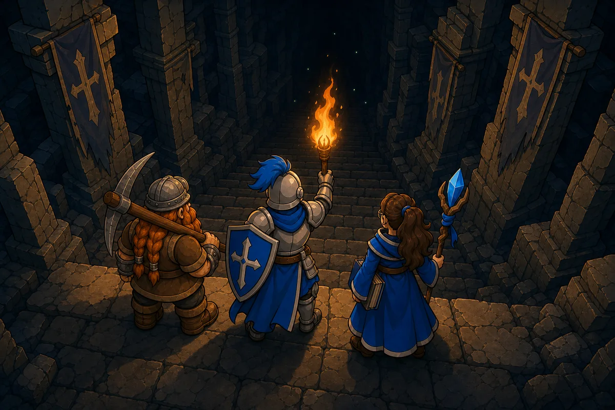 Fantasy adventurers at a dungeon staircase, an illustration for the deduction guide