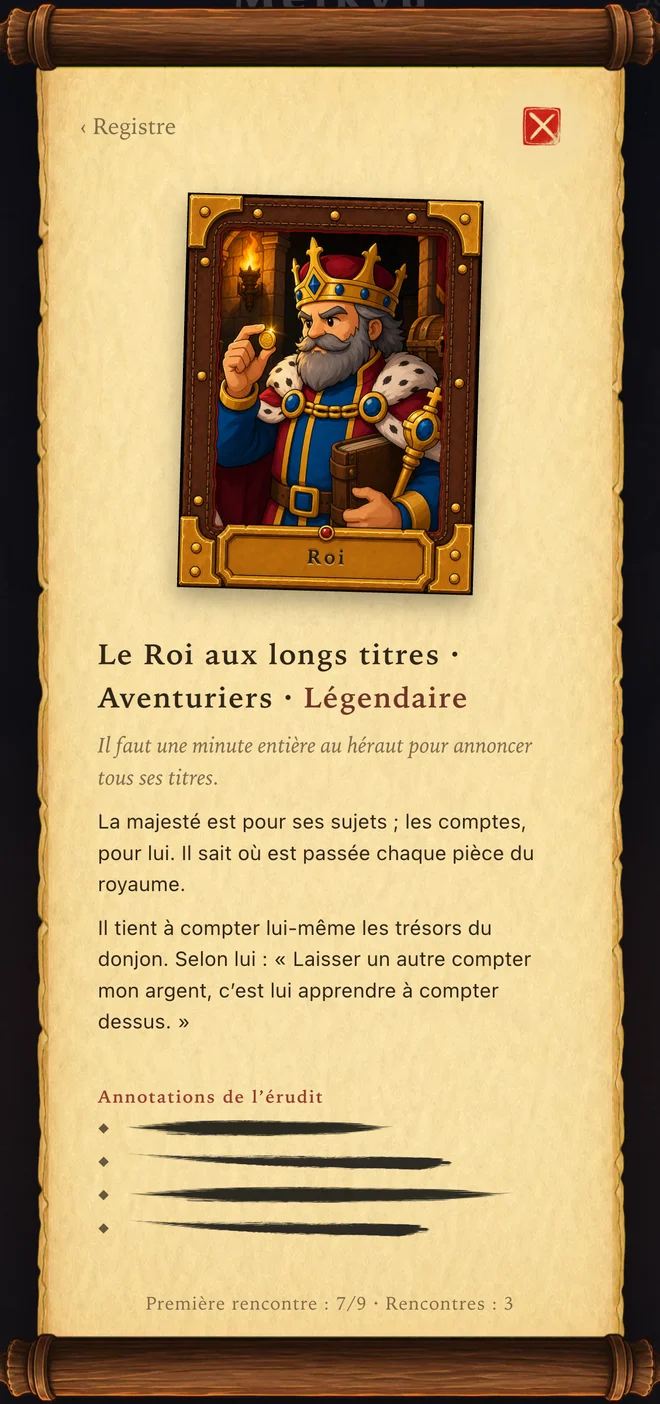 Une page du Codex du donjon : portrait, dossier et annotations ; les règles encore inconnues restent masquées